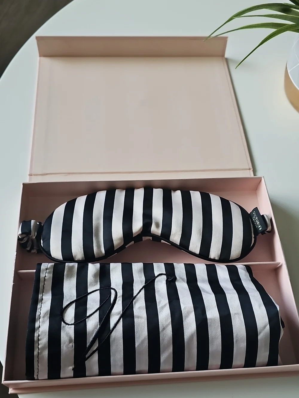 Victoria Secret Striped Black & White Satin Sleep Mask and Pouch Set